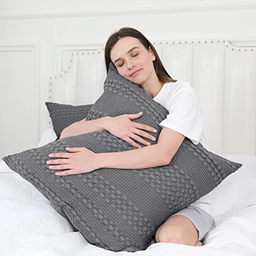 PHF 100% Cotton Waffle Weave Euro Shams 26" x 26", 2 Pack Elegant Home Decorative Euro Throw Pillow Covers for Bed Couch Sofa, Dark Grey/Charcoal Gray