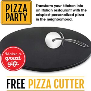 Heritage Pizza Stone, 15 inch Ceramic Baking Stones for Oven Use - Non-Stick, No Stain Pan & Cutter Set for Gas, BBQ & Grill - Kitchen Accessories & Housewarming Gifts w/ Bonus Pizza Wheel - Black