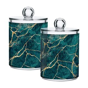 xigua 4 pack gold green marble apothecary jars with lid, qtip holder storage containers for cotton ball, swabs, pads, clear plastic canisters for bathroom vanity organization (10 oz)