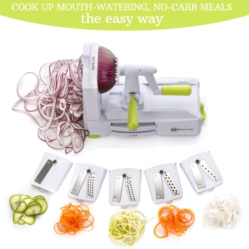 Brieftons 5-Blade Vegetable Spiralizer: Strongest-Heaviest Spiral Slicer, Best Veggie Pasta Spaghetti Maker for Low Carb/Paleo/Gluten-Free/Vegan Meals, With Extra Blade Caddy, 4 Recipe Ebooks