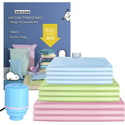 Vacuum Storage Bag with Electric Pump,10-Pack Space Saving Bag,Vacuum Compression Bag for Travel and Home for Quilts,Blankets,Clothes,Pillows. (Blue pump)