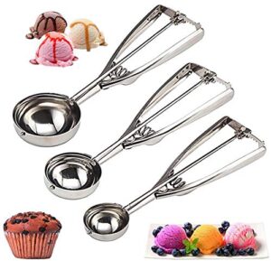 cookie scoop set 3 pcs, with trigger large-medium-small size for kitchen family ice cream cookie cupcake muffin meatbal multipurpose tainless steel ice cream scooper