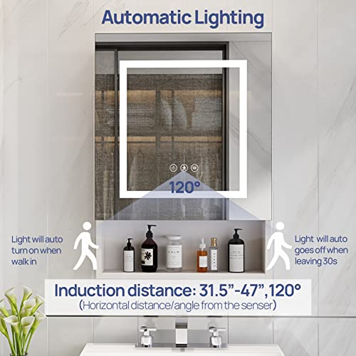 LALAHOO 28" X 20" Medicine Cabinet for Bathroom with Automatic Lighting, LED Bathroom Medicine Cabinet with Anti-Fog, Wall Mounted Bathroom Cabinet with 3 Tier Storage Shelves, Dimmable Light