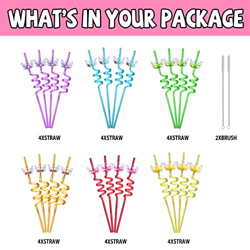 24 Glitter Princess Party Favors Reusable Crown Drinking Straws 6 Designs Great for Princess Theme Birthday Party Supplies with 2 Cleaning Brushes