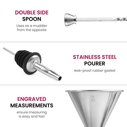 7-Piece Cocktail Shaker Set - Bar Tools - Stainless Steel Cocktail Shaker Set Bartender Kit, with All Bar Accessories, Cocktail Strainer, Double Jigger, Bar Spoon, Bottle Opener, Pour Spouts