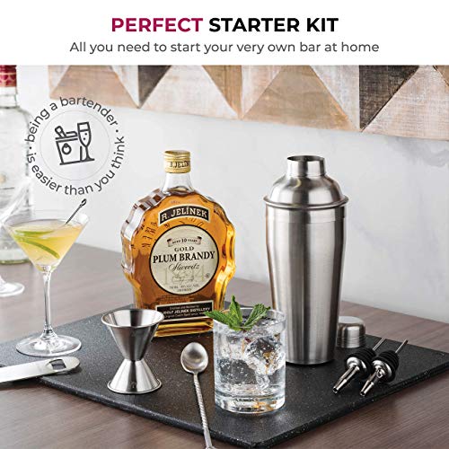 7-Piece Cocktail Shaker Set - Bar Tools - Stainless Steel Cocktail Shaker Set Bartender Kit, with All Bar Accessories, Cocktail Strainer, Double Jigger, Bar Spoon, Bottle Opener, Pour Spouts