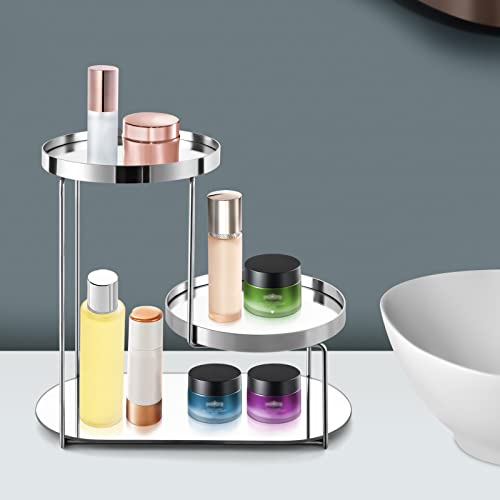 Bathroom Counter Organizer 3 Tier Makeup Shelf Organizer Vanity Organizer Cosmetic Storage Metal Display Rack with Glass Trays Home Storage Holder for Bathroom Kitchen Bedroom (Silver)