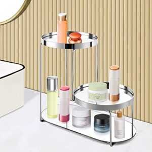 Bathroom Counter Organizer 3 Tier Makeup Shelf Organizer Vanity Organizer Cosmetic Storage Metal Display Rack with Glass Trays Home Storage Holder for Bathroom Kitchen Bedroom (Silver)