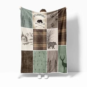 Cabin Retro Rustic Lodge Chunky Throw Blanket for Couch Bedroom Bedding Decor Office, Bear Deer Country Hunting Wild Animal Soft Thick Flannel Bed Blanket Decorations (1000 Grams 60X80 Inches)