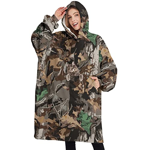 Hunting Camouflage Wearable Oversized Blanket, Sherpa Blanket Hooded with Super Pockets, Super Warm Fuzzy Pullover for Women & Men