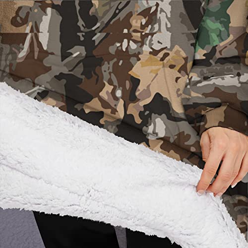 Hunting Camouflage Wearable Oversized Blanket, Sherpa Blanket Hooded with Super Pockets, Super Warm Fuzzy Pullover for Women & Men