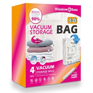 ORIGINAL 3-D Vacuum Storage Bags XXL Large, Winslow&Ross Vacuum Seal Bags for Bedding Clothes Storage, Work with Vacuum Cleaner, Travel Hand Pump Included (4 Packs)