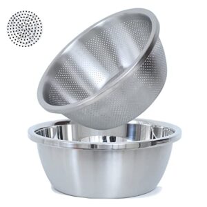 304 stainless steel microporous colander, 2-qt large capacity with mixing bowl for washing vegetables, fruit and rice and for draining cooked pasta. (2pc) (2qt)