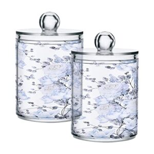 wellday apothecary jars bathroom storage organizer with lid - 14 oz qtip holder storage canister, light blue flowers clear plastic jar for cotton swab, cotton ball, floss picks, makeup sponges,hair cl