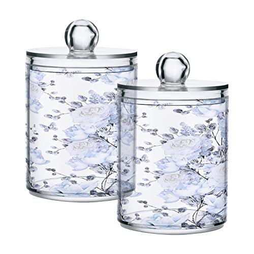 WELLDAY Apothecary Jars Bathroom Storage Organizer with Lid - 14 oz Qtip Holder Storage Canister, Light Blue Flowers Clear Plastic Jar for Cotton Swab, Cotton Ball, Floss Picks, Makeup Sponges,Hair Cl