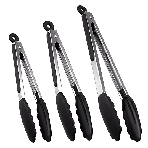 Kitchen Tongs, Set of 3 Silicone Tongs for Cooking, Stainless Steel Metal Food Tongs with Non-Stick Silicone Tips, for Food Grill, Salad, BBQ, Frying, Serving (7",9",12")