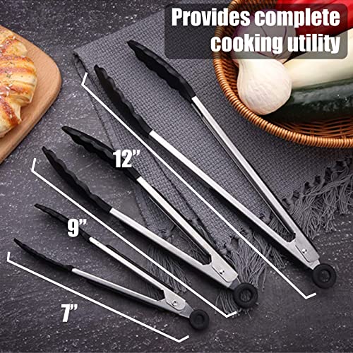 Kitchen Tongs, Set of 3 Silicone Tongs for Cooking, Stainless Steel Metal Food Tongs with Non-Stick Silicone Tips, for Food Grill, Salad, BBQ, Frying, Serving (7",9",12")