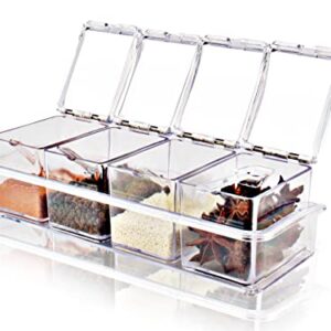 Xpr 4 Pieces Clear Seasoning Box - Cruet with Cover and Spoon,Seasoning Rack Spice Pots for Sugar, Salt, Pepper and Other Spices