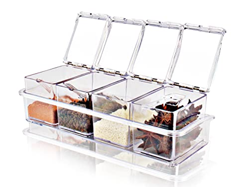 Xpr 4 Pieces Clear Seasoning Box - Cruet with Cover and Spoon,Seasoning Rack Spice Pots for Sugar, Salt, Pepper and Other Spices