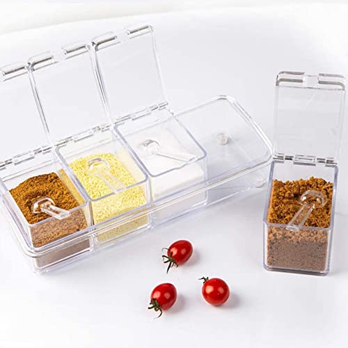 Xpr 4 Pieces Clear Seasoning Box - Cruet with Cover and Spoon,Seasoning Rack Spice Pots for Sugar, Salt, Pepper and Other Spices