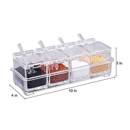 Xpr 4 Pieces Clear Seasoning Box - Cruet with Cover and Spoon,Seasoning Rack Spice Pots for Sugar, Salt, Pepper and Other Spices