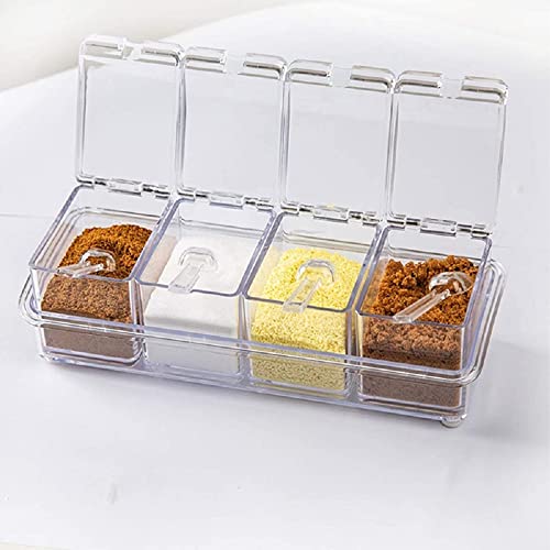 Xpr 4 Pieces Clear Seasoning Box - Cruet with Cover and Spoon,Seasoning Rack Spice Pots for Sugar, Salt, Pepper and Other Spices