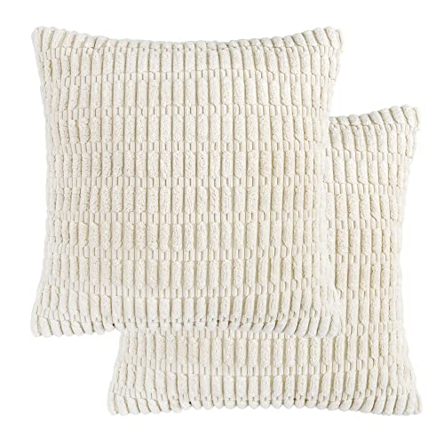 Qidordour Throw Pillow Covers, 18x18 inch, Pack of 2 Couch Pillows Cover, Soft Corduroy Decorative Pillow Covers, Square Pillowcase for Bed Sofa Chair Car Bedroom Home Boho Farmhouse Decor, Cream