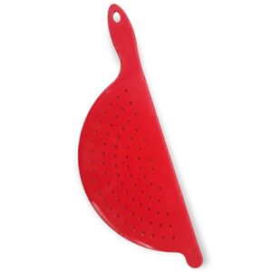 handy housewares hand held plastic pot drainer, pasta noodle veggie strainer with handle - fits up to 9" pot - red
