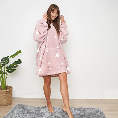 Dreamscene Unisex Stars Print Hooded Blanket Sherpa Fleece Throw, Blush Pink, One Size