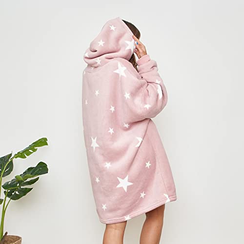 Dreamscene Unisex Stars Print Hooded Blanket Sherpa Fleece Throw, Blush Pink, One Size