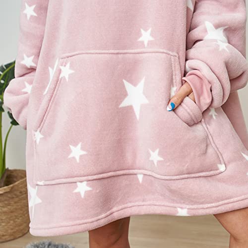 Dreamscene Unisex Stars Print Hooded Blanket Sherpa Fleece Throw, Blush Pink, One Size