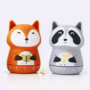 ele depi 2 pack cute kitchen timer,100% mechanical timer for kids,60 minute egg timer for cooking/reading/do sports. (fox and raccoon)