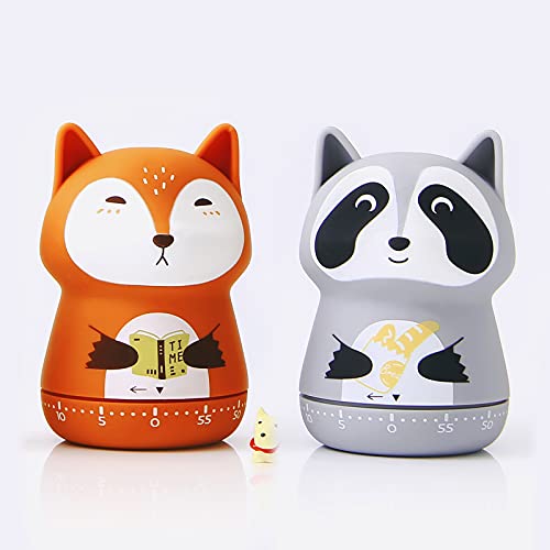 ELE DEPI 2 Pack Cute Kitchen Timer,100% Mechanical Timer for Kids,60 Minute Egg Timer for Cooking/Reading/Do Sports. (Fox and Raccoon)