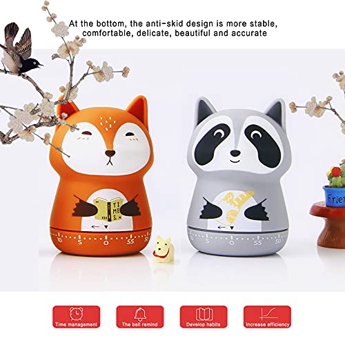 ELE DEPI 2 Pack Cute Kitchen Timer,100% Mechanical Timer for Kids,60 Minute Egg Timer for Cooking/Reading/Do Sports. (Fox and Raccoon)