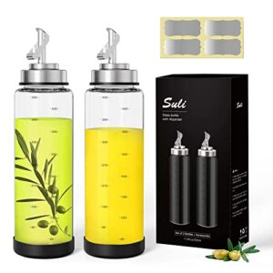 Suli Glass Olive Oil Dispenser Bottle -2 Pack17oz Oil and Vinegar Cruet Set with Steel Spouts and Labels for Kitchen Cooking, Salad Dressing, and BBQ (Silver)