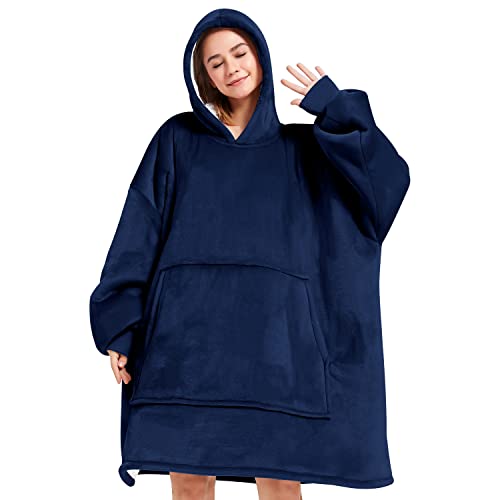 LHMTQVK Wearable Blanket, Blanket Hoodie Soft Warm Sweatshirt Gifts for Mom Adults Women Men Kids Wearable Blanket Hoodie with Pocket (Navy-Blue)