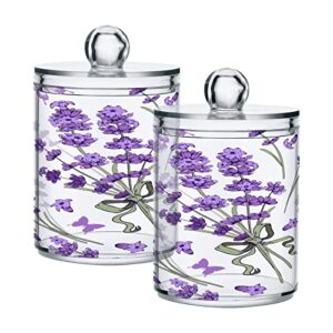 xigua purple flowers 2 pack qtip holder dispenser with lid,apothecary jars plastic cotton swabs cans clear bathroom storage canister for cotton ball, cotton swab, cotton round pads, floss389