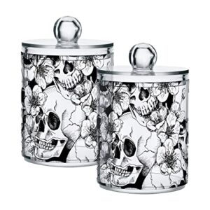 xigua 2 pack skull and flowers pattern apothecary jars with lid, qtip holder storage containers for cotton ball, swabs, pads, clear plastic canisters for bathroom vanity organization (10 oz)
