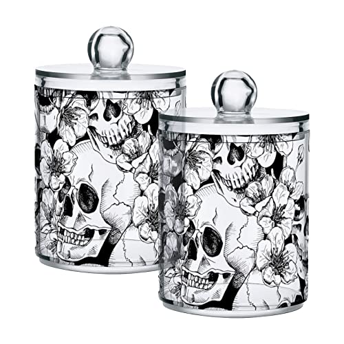 xigua 2 Pack Skull and Flowers Pattern Apothecary Jars with Lid, Qtip Holder Storage Containers for Cotton Ball, Swabs, Pads, Clear Plastic Canisters for Bathroom Vanity Organization (10 Oz)