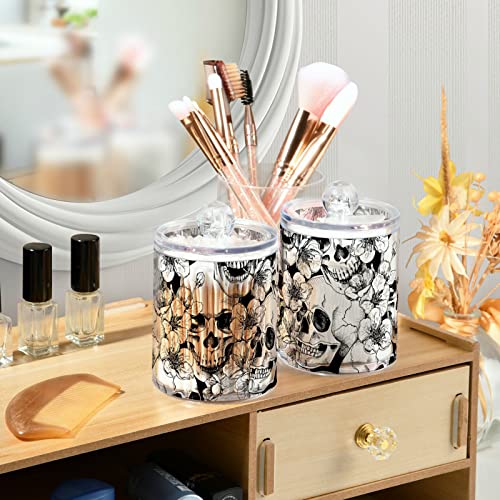 xigua 2 Pack Skull and Flowers Pattern Apothecary Jars with Lid, Qtip Holder Storage Containers for Cotton Ball, Swabs, Pads, Clear Plastic Canisters for Bathroom Vanity Organization (10 Oz)