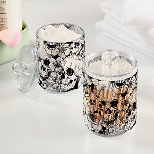 xigua 2 Pack Skull and Flowers Pattern Apothecary Jars with Lid, Qtip Holder Storage Containers for Cotton Ball, Swabs, Pads, Clear Plastic Canisters for Bathroom Vanity Organization (10 Oz)