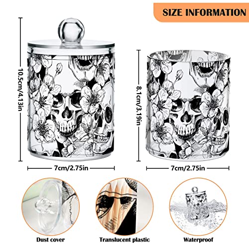 xigua 2 Pack Skull and Flowers Pattern Apothecary Jars with Lid, Qtip Holder Storage Containers for Cotton Ball, Swabs, Pads, Clear Plastic Canisters for Bathroom Vanity Organization (10 Oz)