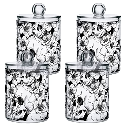 xigua 2 Pack Skull and Flowers Pattern Apothecary Jars with Lid, Qtip Holder Storage Containers for Cotton Ball, Swabs, Pads, Clear Plastic Canisters for Bathroom Vanity Organization (10 Oz)