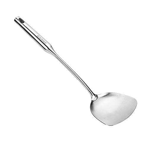 Wok Spatula Stainless Steel, Wide Metal Spatula with Hollow Long Handle Wok Utensils,Silver/14.7Inch