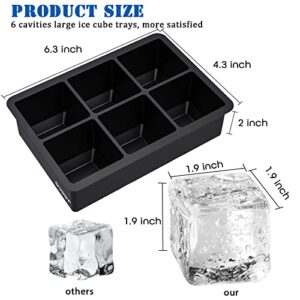 2 Pack Large Ice Cube Tray, Silicone Ice Cube Tray with Lid 6 Cavities Reusable & Flexible Designed BPA Free 2 Inch Ice Cube Mold Maker for Whiskey, Cocktail, Juice (Black)