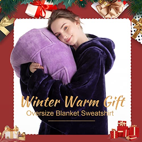 Oversized Wearable Blanket Sherpa Fleece Blanket Hoodie Comfortable Soft Warm Thick Big Hooded Sweatshirt Hoodie Blanket for Adults Women Girls Teenagers Teens Men Purple