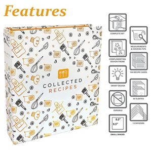 Recipe Binder, 8.5" x 9.5" 3 Ring Binder Organizer Set (with 50 Page Protectors, 100 4" x 6" Recipe Cards & 12 Category Divider Tabs) by Better Kitchen Products, Black & Gold Montage Design