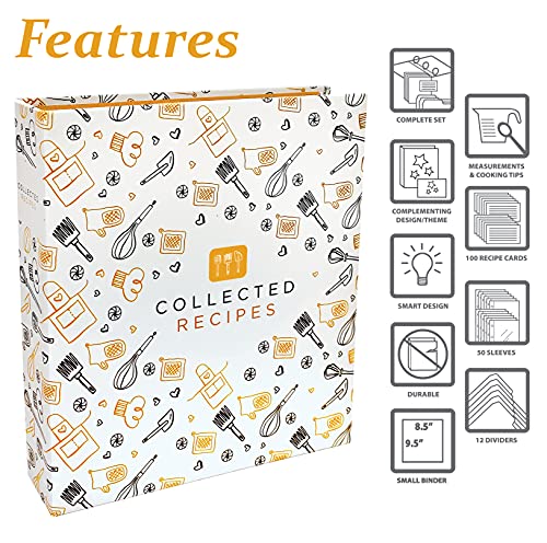 Recipe Binder, 8.5" x 9.5" 3 Ring Binder Organizer Set (with 50 Page Protectors, 100 4" x 6" Recipe Cards & 12 Category Divider Tabs) by Better Kitchen Products, Black & Gold Montage Design