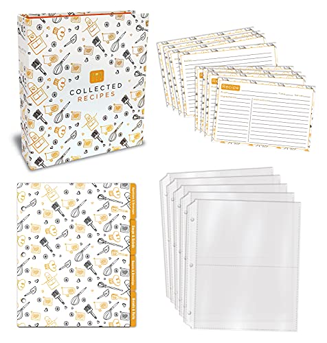 Recipe Binder, 8.5" x 9.5" 3 Ring Binder Organizer Set (with 50 Page Protectors, 100 4" x 6" Recipe Cards & 12 Category Divider Tabs) by Better Kitchen Products, Black & Gold Montage Design