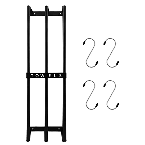 LVOERTUIG Wall Towel Rack for Rolled Towels with 4 Hooks, Towel Holder Towel Racks for Bathroom Wall Mounted, Bathroom Towel Storage, Metal Bath Towel Holder for Washcloths (Black)